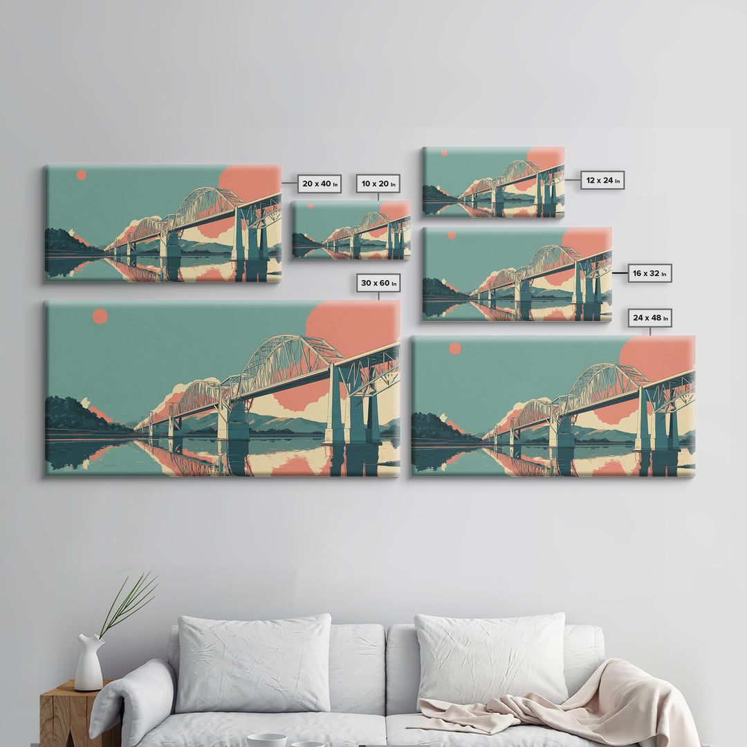 Retro Steel Bridge Sunset Wall Art, Midcentury Modern Landscape Print, Teal Orange Travel Poster, Living Room Home Office Decor