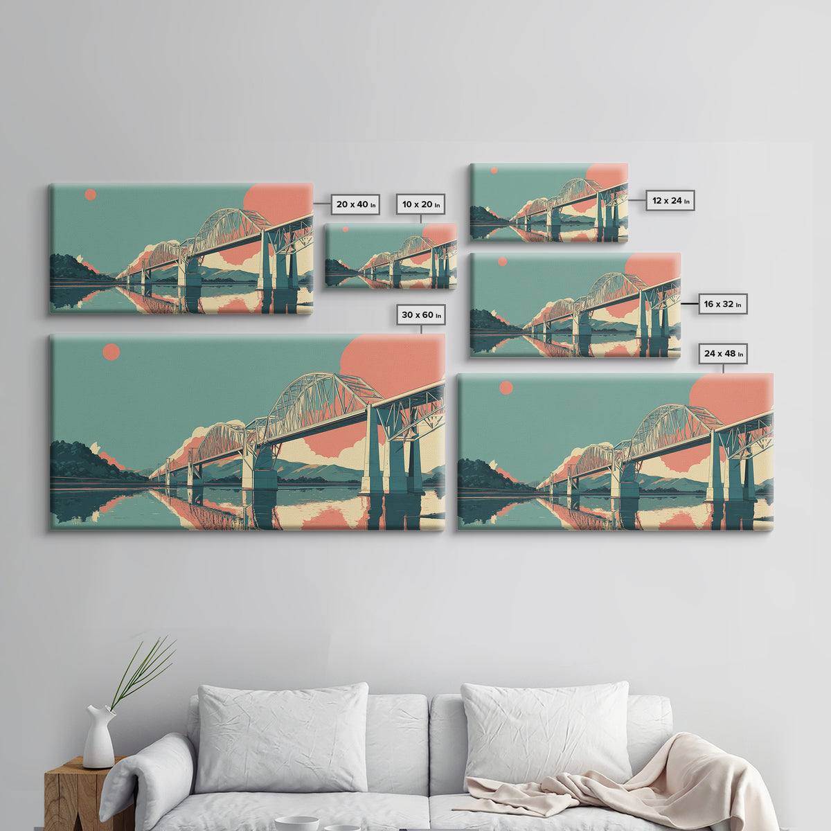 Retro Steel Bridge Sunset Wall Art, Midcentury Modern Landscape Print, Teal Orange Travel Poster, Living Room Home Office Decor