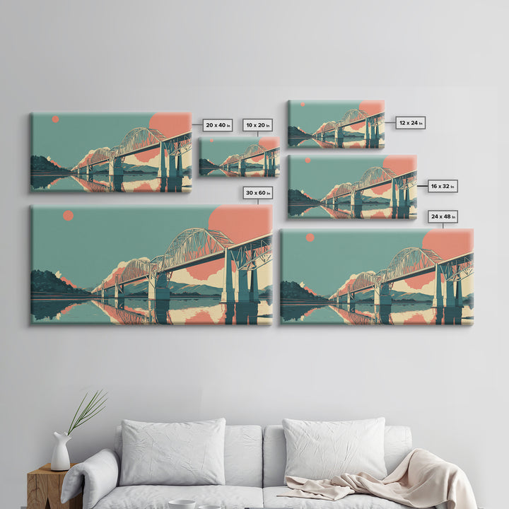 Retro Steel Bridge Sunset Wall Art, Midcentury Modern Landscape Print, Teal Orange Travel Poster, Living Room Home Office Decor