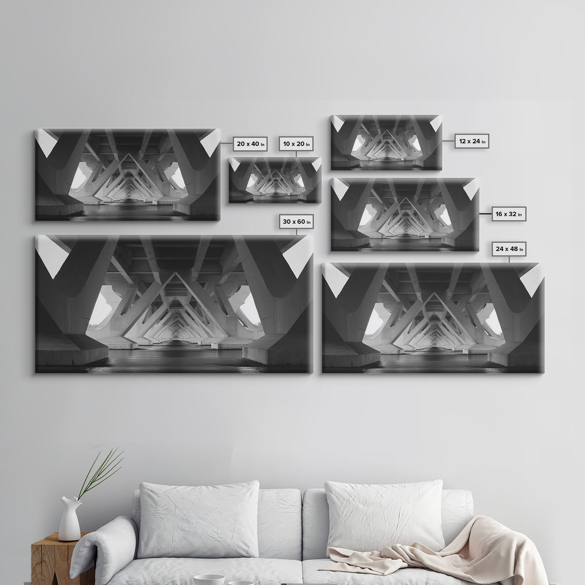 Black And White Bridge Underside Canvas Print, Architectural Art, Geometric Perspective, Modern Wall Decor For Office Study