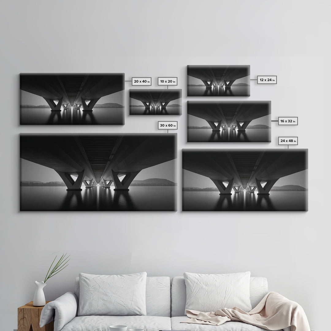 Moody Bridge Underpass Wall Art, Black And White Architectural Photography Print, Geometric Lines, Masculine Office Decor