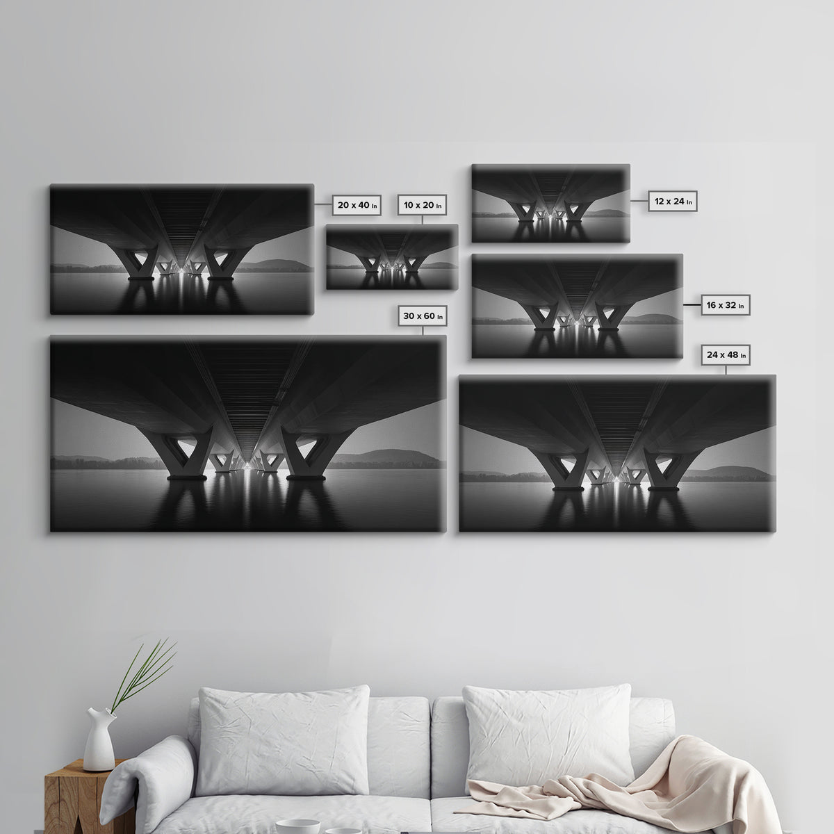 Moody Bridge Underpass Wall Art, Black And White Architectural Photography Print, Geometric Lines, Masculine Office Decor