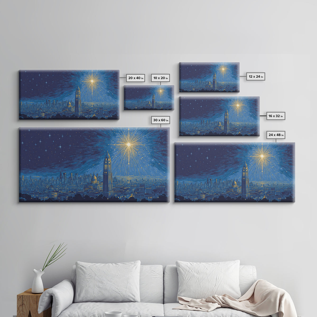 Blue City Skyline Starburst Canvas Print, Midcentury Modern Night Art, Celestial Urban Poster, Home Office Wall Decor Gift