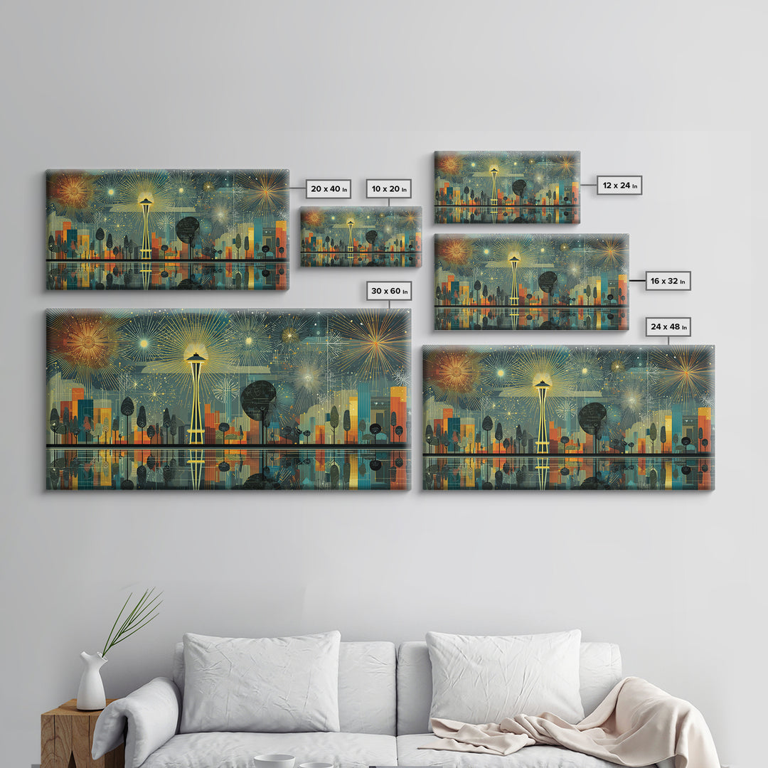 Seattle Space Needle Fireworks Wall Art, Midcentury Modern Cityscape Print, Retro Skyline Poster, Living Room Office Decor