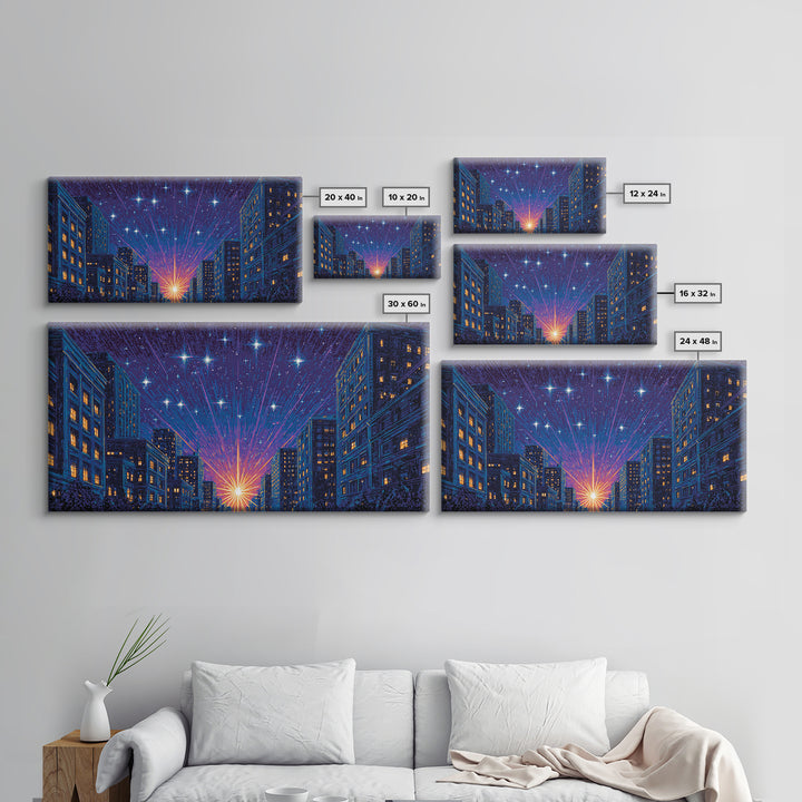 Urban Starburst City Street Wall Art, Modern Night Skyline Print, Blue Orange Retro Poster, Apartment And Office Decor Gift
