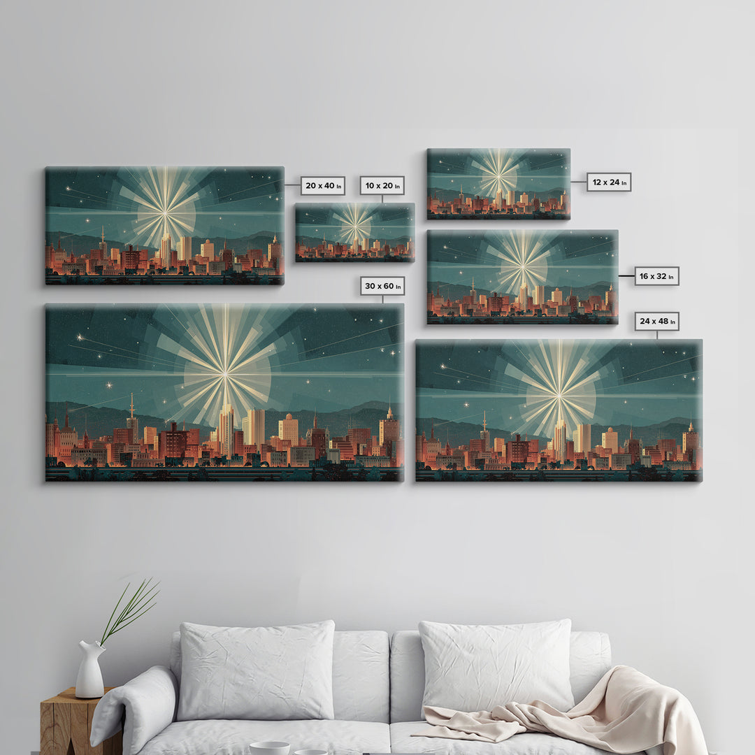 Art Deco City Skyline Wall Art, Geometric Sunburst Night Print, Midcentury Modern Poster, Teal Neutral Living Room Office Decor