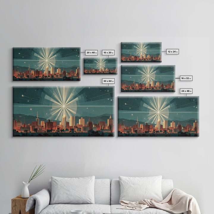 Art Deco City Skyline Wall Art, Geometric Sunburst Night Print, Midcentury Modern Poster, Teal Neutral Living Room Office Decor