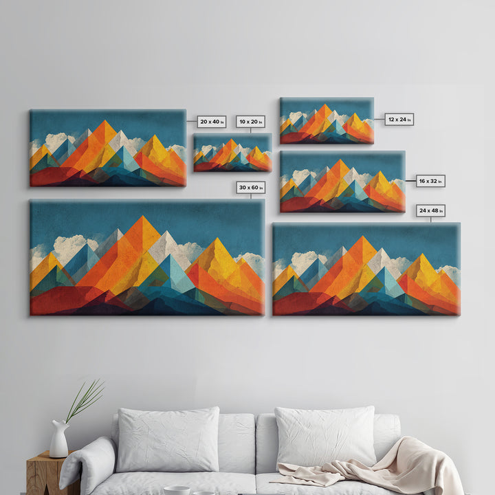 Orange Blue Geometric Mountain Wall Art, Abstract Desert Landscape Print, Midcentury Modern Poster, Bold Home Office Decor