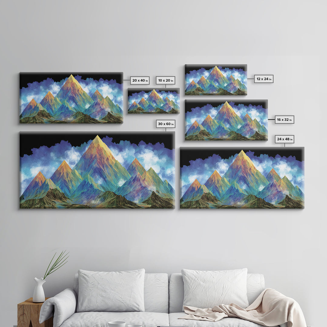 Vibrant Rainbow Mountain Wall Art, Colorful Abstract Landscape Print, Modern Psychedelic Poster, Large MCM Living Room Decor