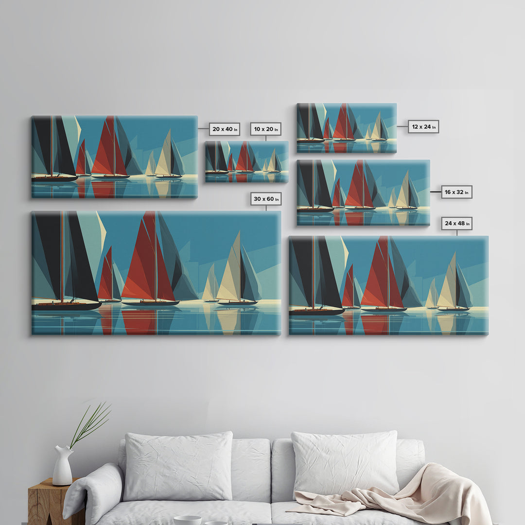 Abstract Sailboat Regatta Canvas Print, Midcentury Modern Nautical Wall Art, Blue Red Coastal Poster, Beach House Home Decor
