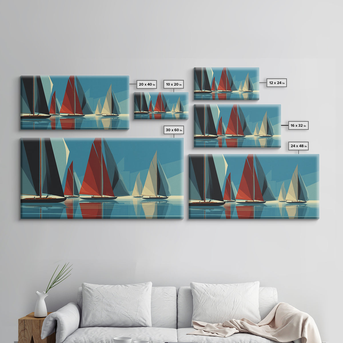 Abstract Sailboat Regatta Canvas Print, Midcentury Modern Nautical Wall Art, Blue Red Coastal Poster, Beach House Home Decor