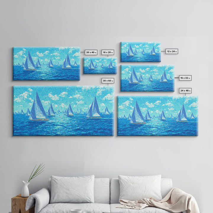 Bright Blue Sailboats Wall Art, Ocean Regatta Canvas Print, Coastal Modern Nautical Poster, Beach House Living Room Decor