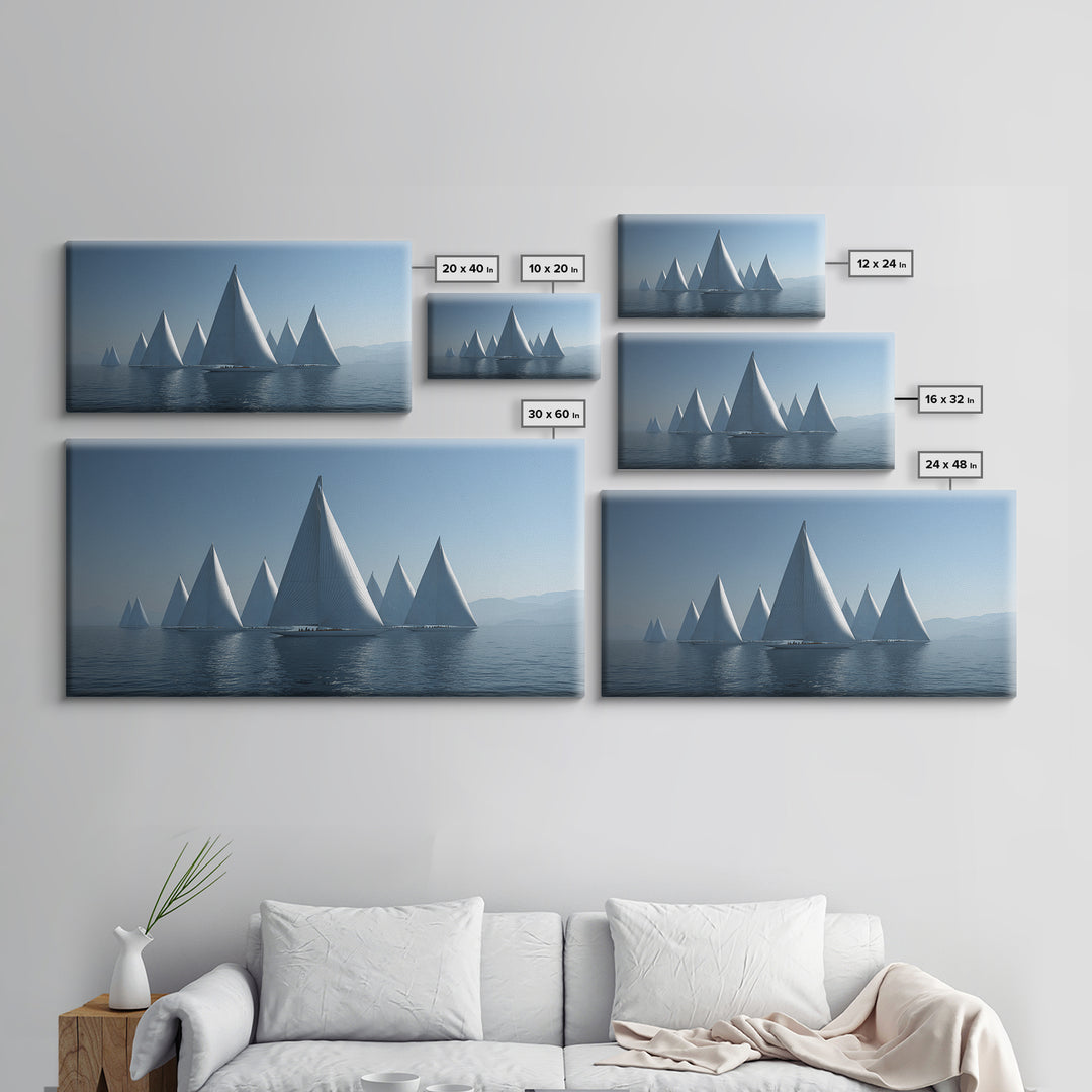 Minimalist White Sailboats Framed Canvas Print, Misty Lake Wall Art, Scandinavian Modern Nautical Decor, Calm Blue Seascape