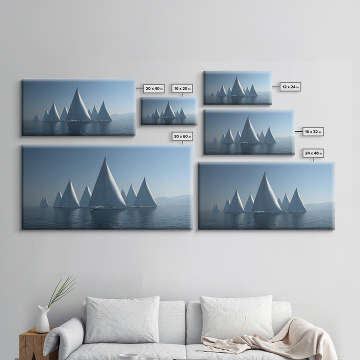 Minimalist White Sailboats Framed Canvas Print, Misty Lake Wall Art, Scandinavian Modern Nautical Decor, Calm Blue Seascape