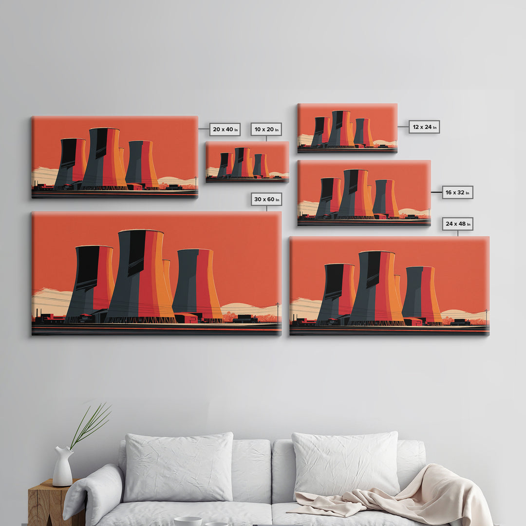 Orange Industrial Cooling Towers Wall Art, Retro Modern Power Plant Poster, Bold MCM Architecture Print, Office Wall Decor