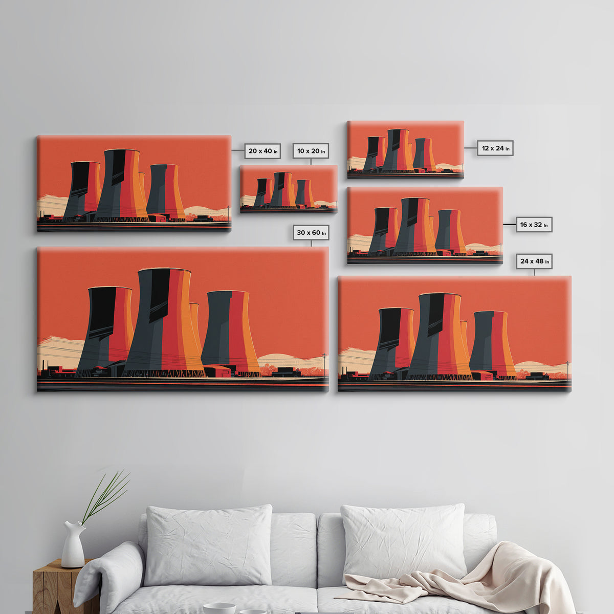 Orange Industrial Cooling Towers Wall Art, Retro Modern Power Plant Poster, Bold MCM Architecture Print, Office Wall Decor