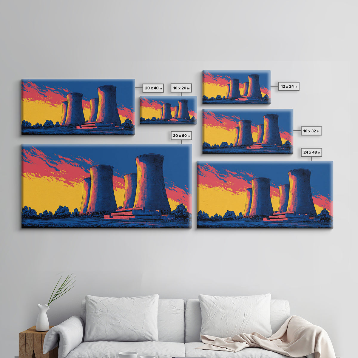 Pop Art Cooling Towers Canvas Print, Neon Sunset Industrial Landscape, Retro Modern Wall Art, Bold MCM Man Cave Office Decor