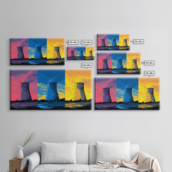 Triptych Cooling Tower Wall Art, Three Panel Pop Art Industrial Poster, Colorful Retro Canvas Print, Bold Modern Office Decor