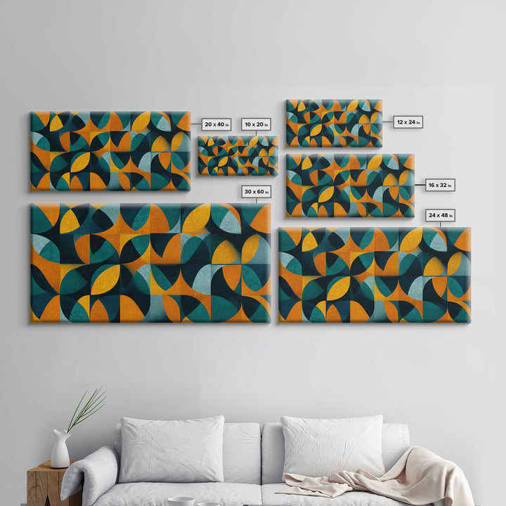 Teal And Ochre Petal Geometry With Circles Framed Canvas Print, Midcentury Modern Wall Art, Atomic Retro Pattern Decor Poster