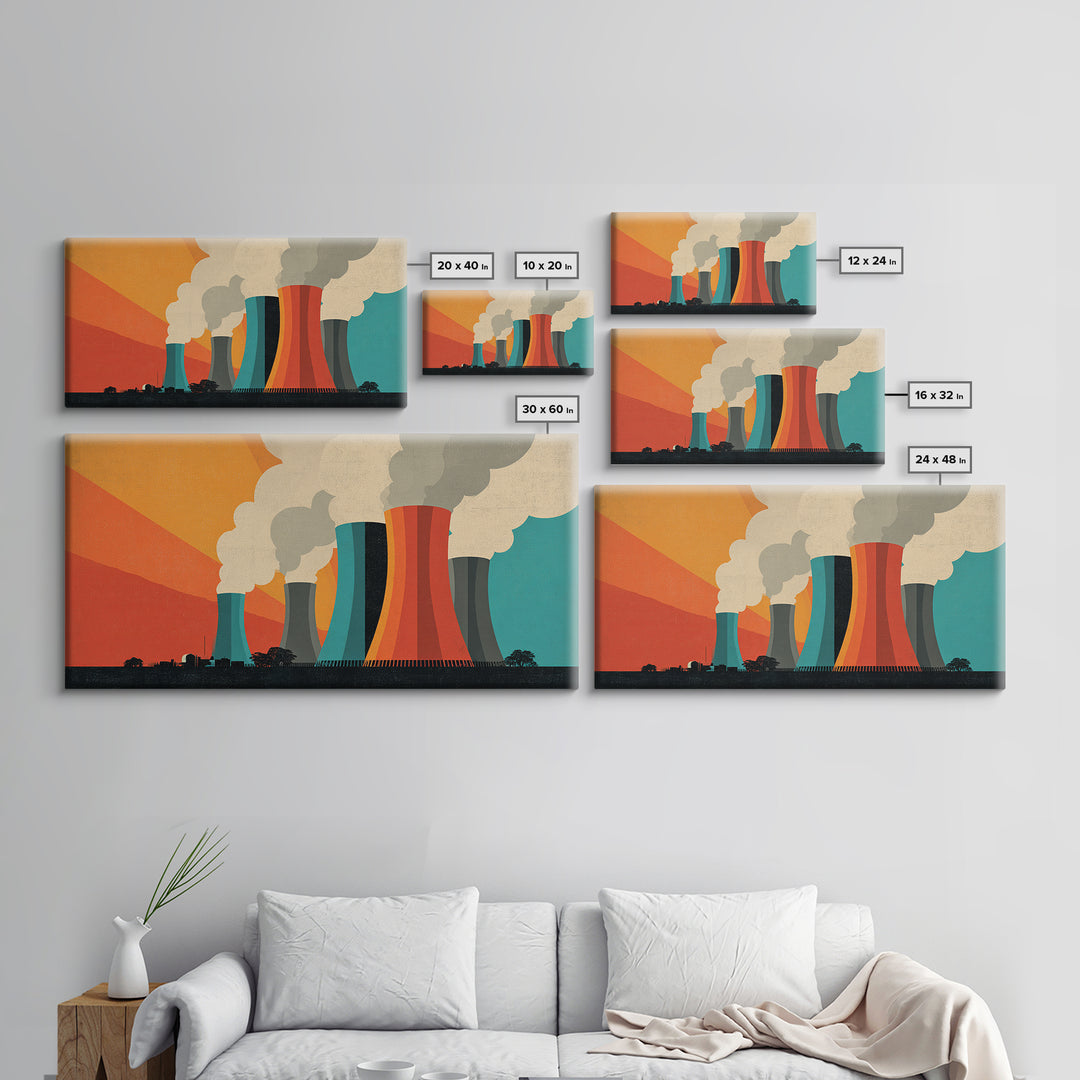 Retro Smokestack Power Plant Canvas Print, Midcentury Modern Industrial Wall Art, Orange Teal Factory Poster, Bold Decor