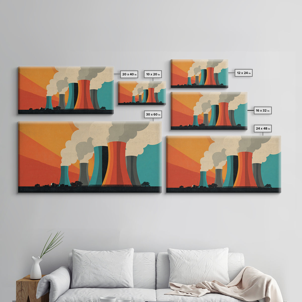 Retro Smokestack Power Plant Canvas Print, Midcentury Modern Industrial Wall Art, Orange Teal Factory Poster, Bold Decor