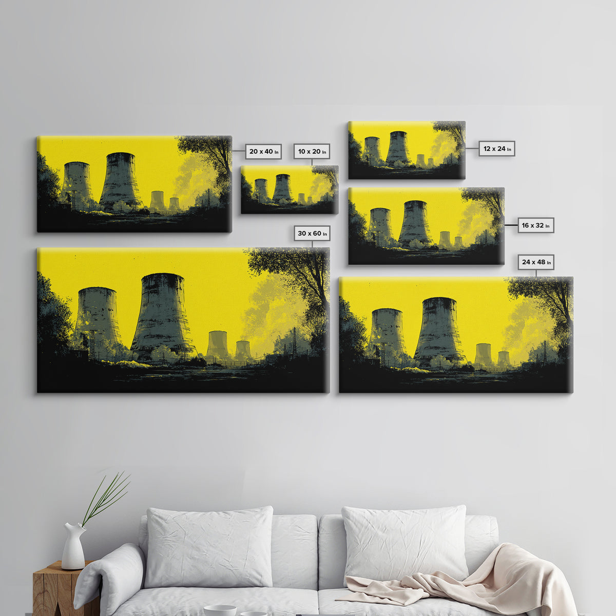 Yellow Nuclear Cooling Towers Wall Art, Industrial Landscape Print, Retro Sci Fi Poster, Modern Wall Decor, Statement Artwork