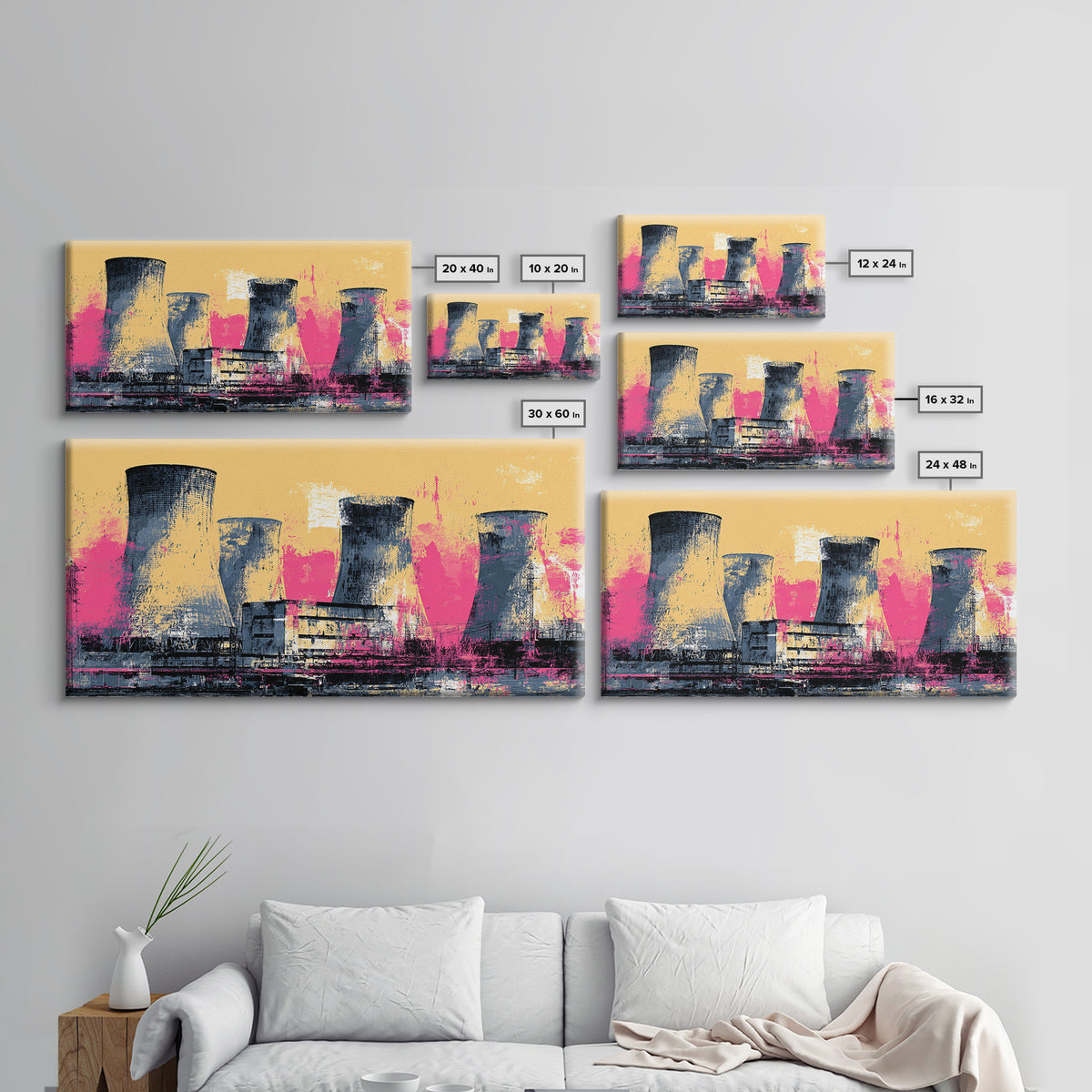 Pink Nuclear Power Plant Canvas Print, Industrial Landscape Wall Decor, Retro Modern Art Print, Bold Statement Artwork For Home Decor