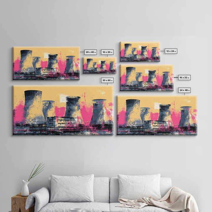 Pink Nuclear Power Plant Canvas Print, Industrial Landscape Wall Decor, Retro Modern Art Print, Bold Statement Artwork For Home Decor