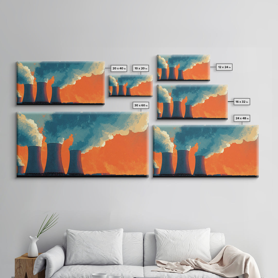 Orange Nuclear Cooling Towers Framed Canvas Print, Industrial Skyline Wall Art, Retro Modern Decor, Bold Landscape Poster