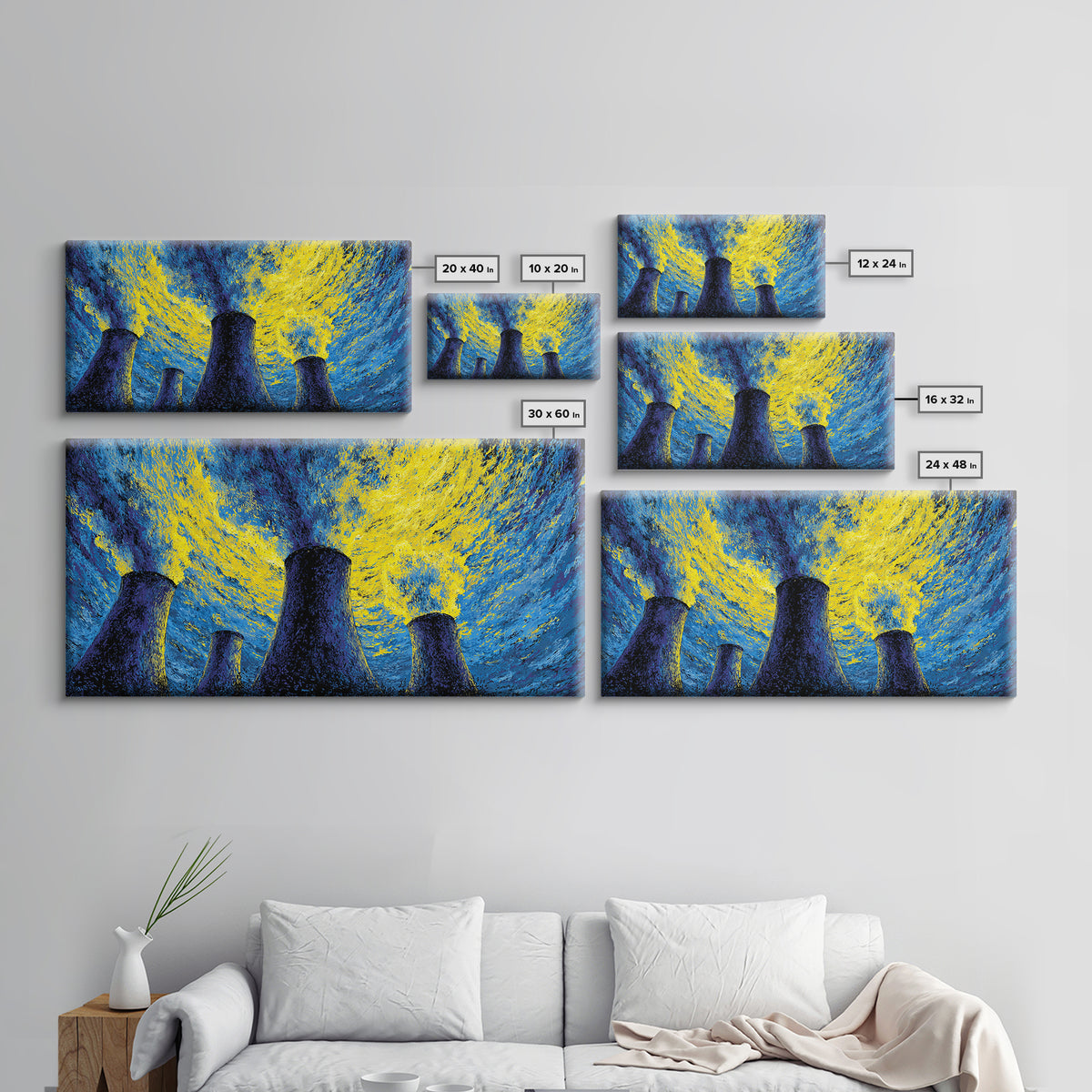 Blue Yellow Cooling Towers Canvas Print, Industrial Night Sky Wall Art, Modern Abstract Decor, Retro Sci Fi Poster Print