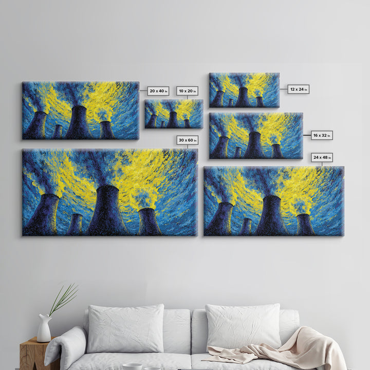Blue Yellow Cooling Towers Canvas Print, Industrial Night Sky Wall Art, Modern Abstract Decor, Retro Sci Fi Poster Print