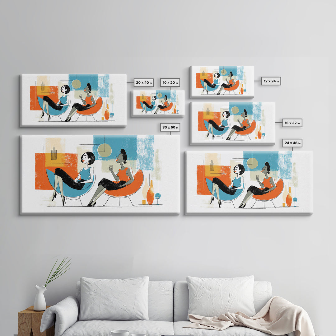 Midcentury Women Lounge Wall Art, Cocktail Chair Illustration, Retro Modern Decor, Colorful MCM Living Room Poster Art Print