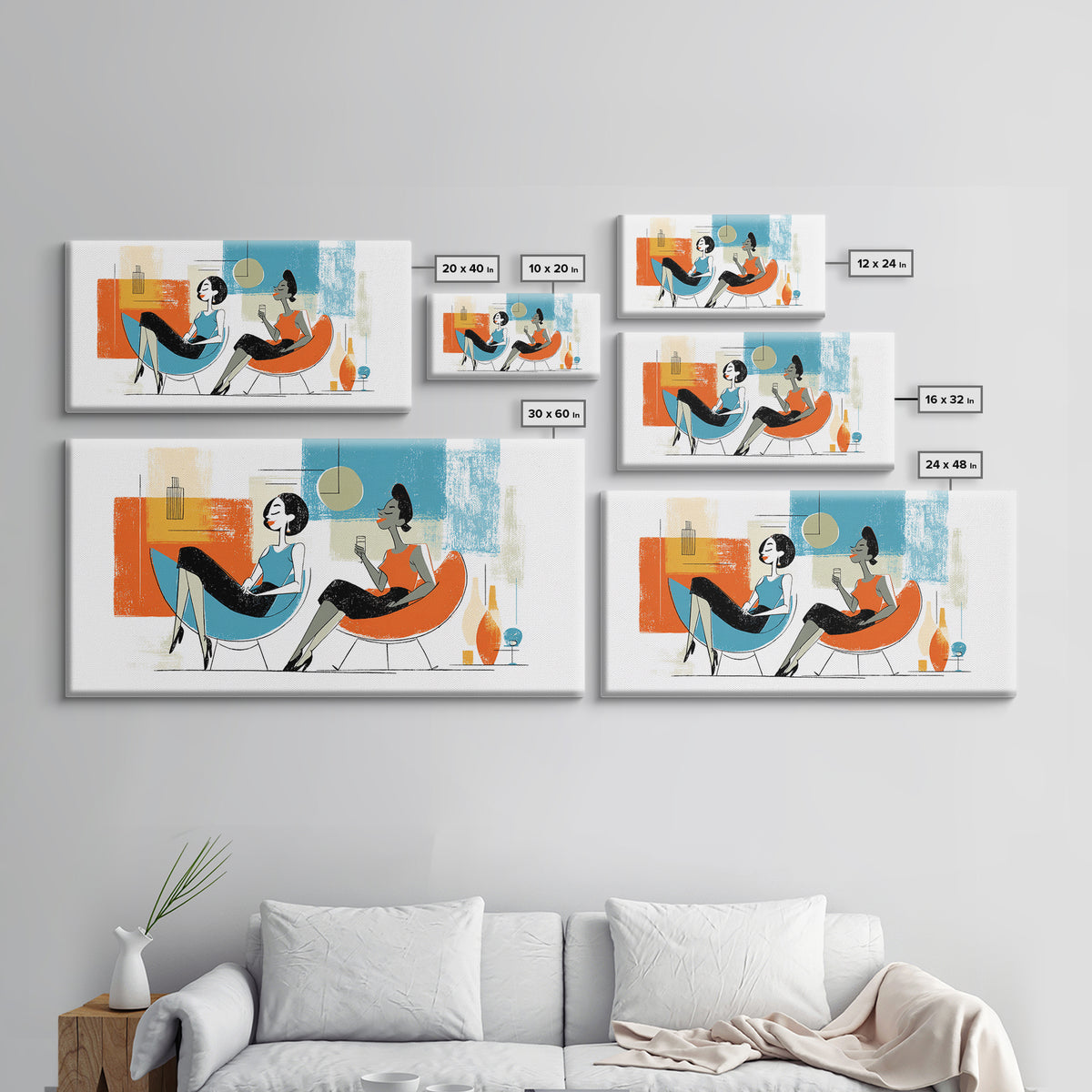 Midcentury Women Lounge Wall Art, Cocktail Chair Illustration, Retro Modern Decor, Colorful MCM Living Room Poster Art Print