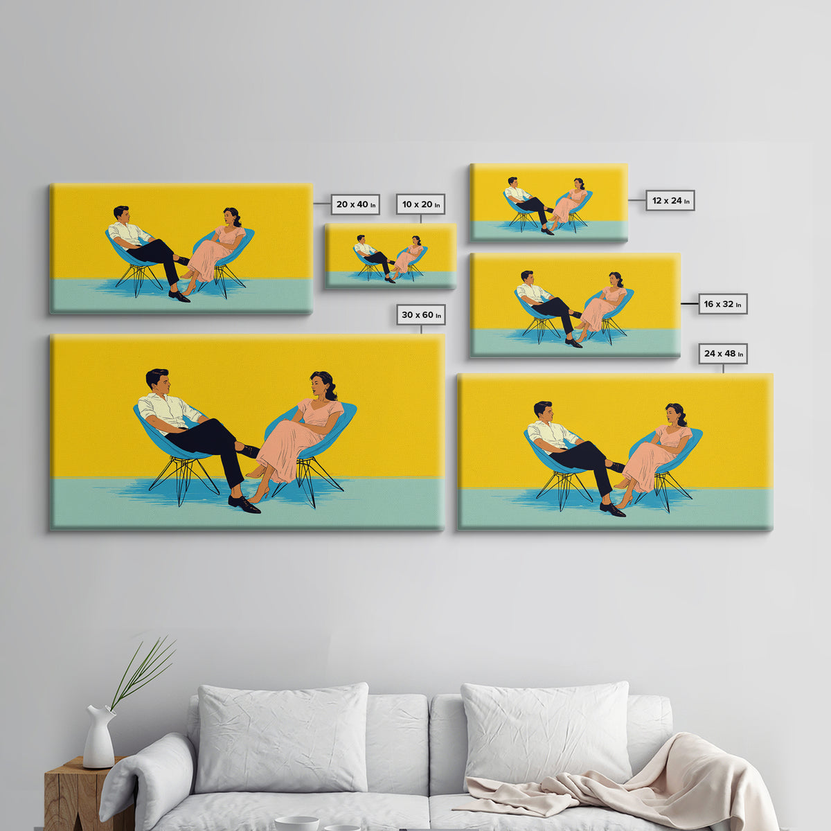 Midcentury Couple In Blue Chairs Canvas Print, Retro Modern Wall Art, MCM Lounge Decor, Colorful Living Room Poster Art Print