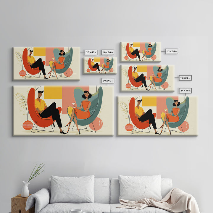Midcentury Cocktail Lounge Framed Canvas Print, Stylish Couple Wall Art, Retro MCM Decor, Modern Living Room Poster Art Print
