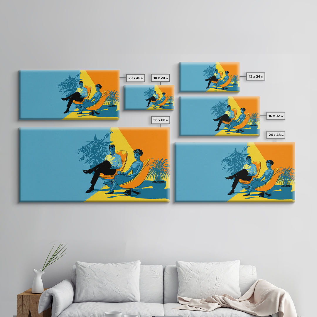 Midcentury Couple With Palm Plant Wall Art, Retro Lounge Chair Illustration, Modern MCM Decor, Colorful Home Poster Art Print