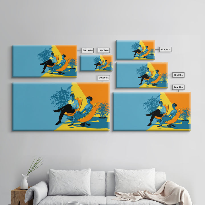 Midcentury Couple With Palm Plant Wall Art, Retro Lounge Chair Illustration, Modern MCM Decor, Colorful Home Poster Art Print