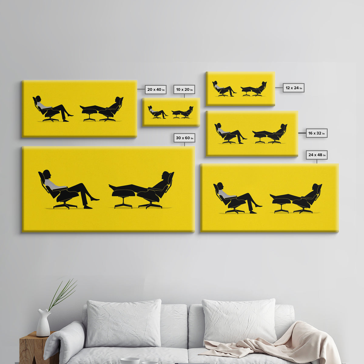 Yellow Midcentury Lounge Chairs Canvas Print, Minimal Couple Silhouette Wall Art, Retro Modern MCM Living Room Decor Poster