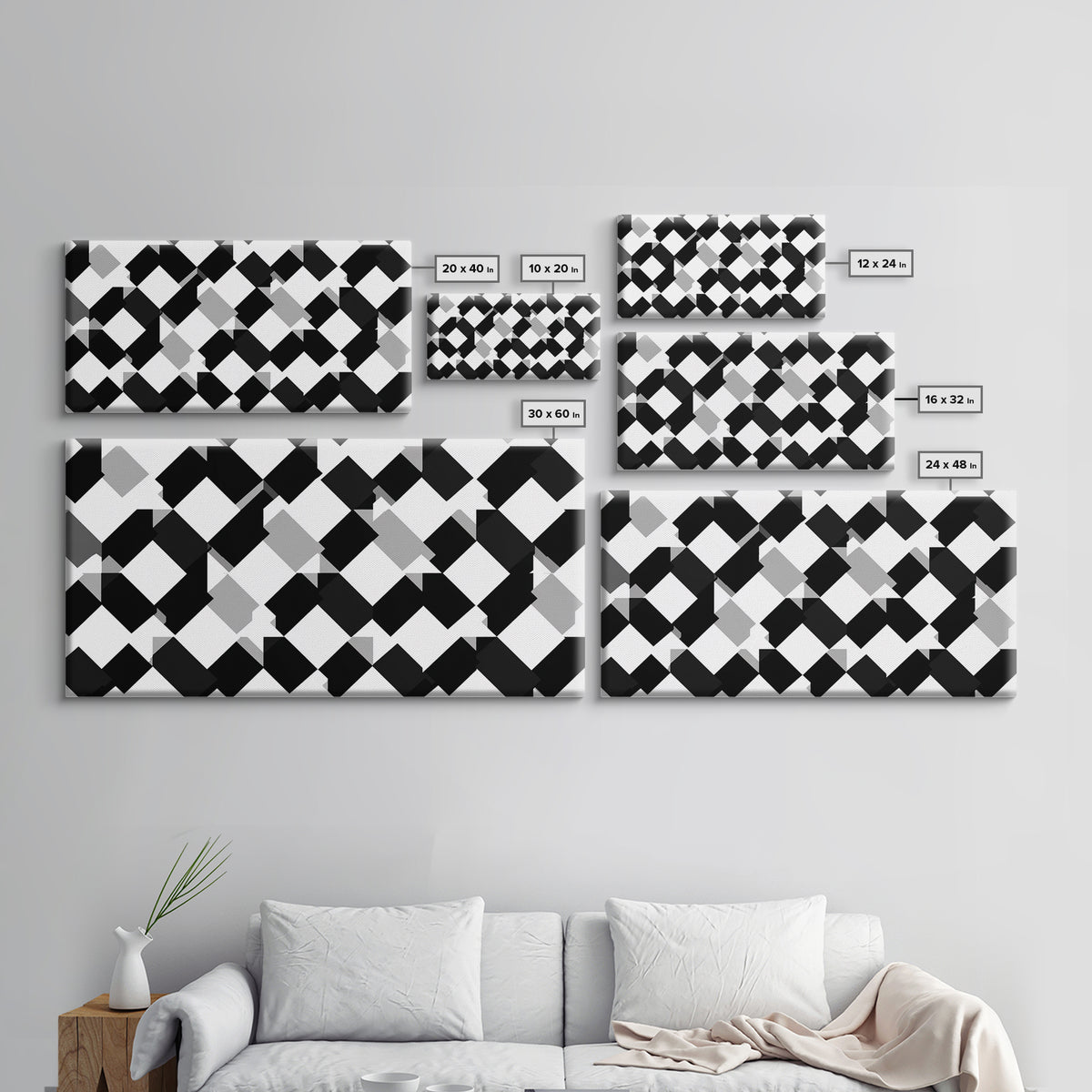 Black White Gray Geometric Diamond Pattern Wall Art, Mid Century Modern Abstract Print, Minimalist MCM Wall Decor For Office