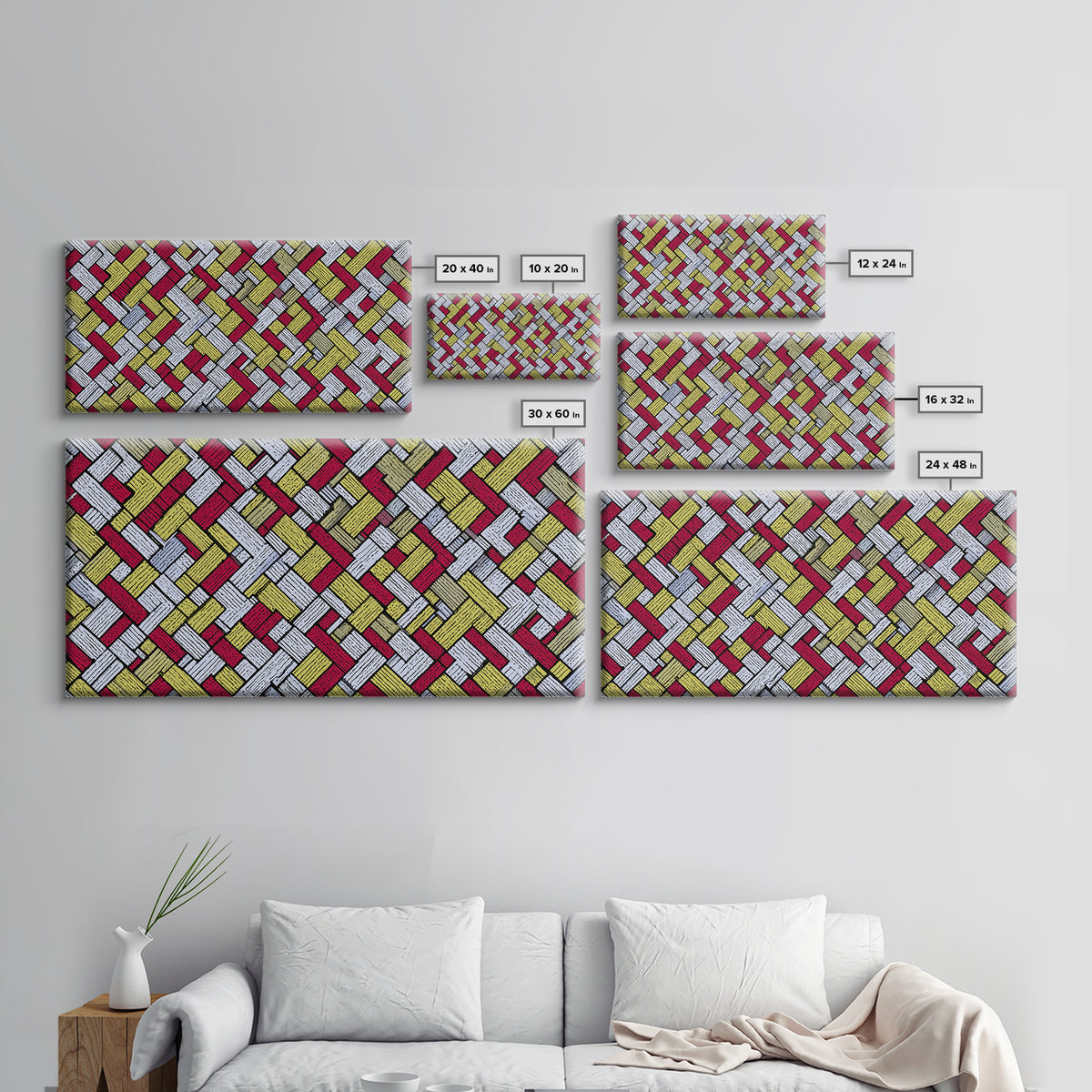 Red Yellow Herringbone Brick Pattern Canvas Print, Retro Geometric Wall Art, Mid Century Modern Decor For Kitchen Office