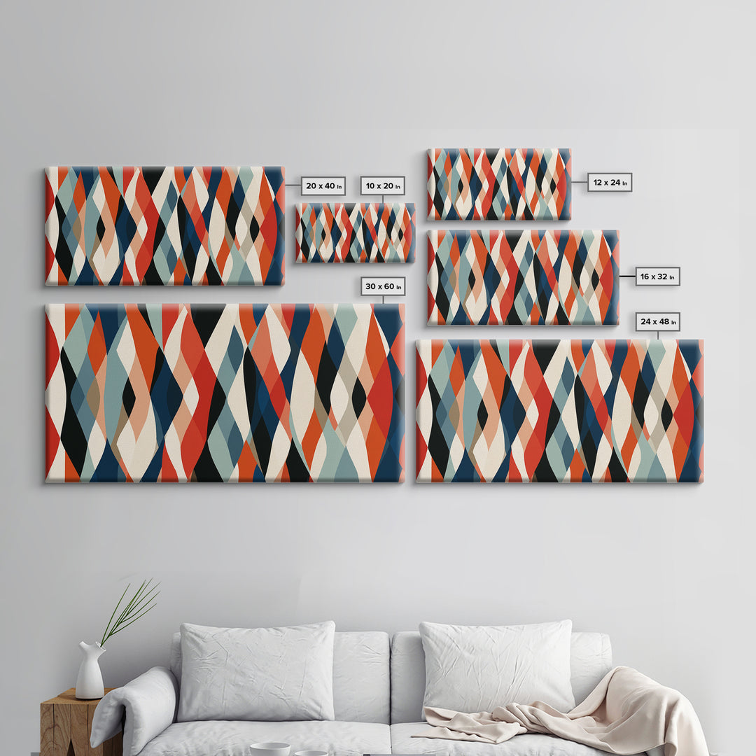Red Teal Cream Wavy Diamond Pattern Framed Canvas Print, Retro Modern Abstract Wall Art, Mid Century Decor For Living Room