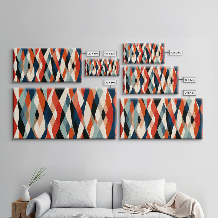 Red Teal Cream Wavy Diamond Pattern Framed Canvas Print, Retro Modern Abstract Wall Art, Mid Century Decor For Living Room