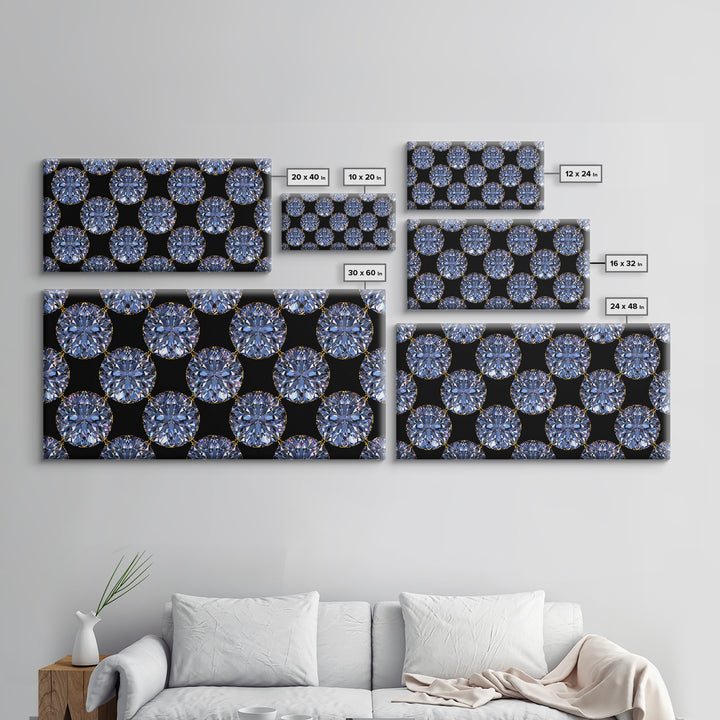 Blue Diamond Gemstone Circle Pattern Framed Canvas Print, Glam Modern Wall Art, Geometric Decor For Bedroom Vanity Office