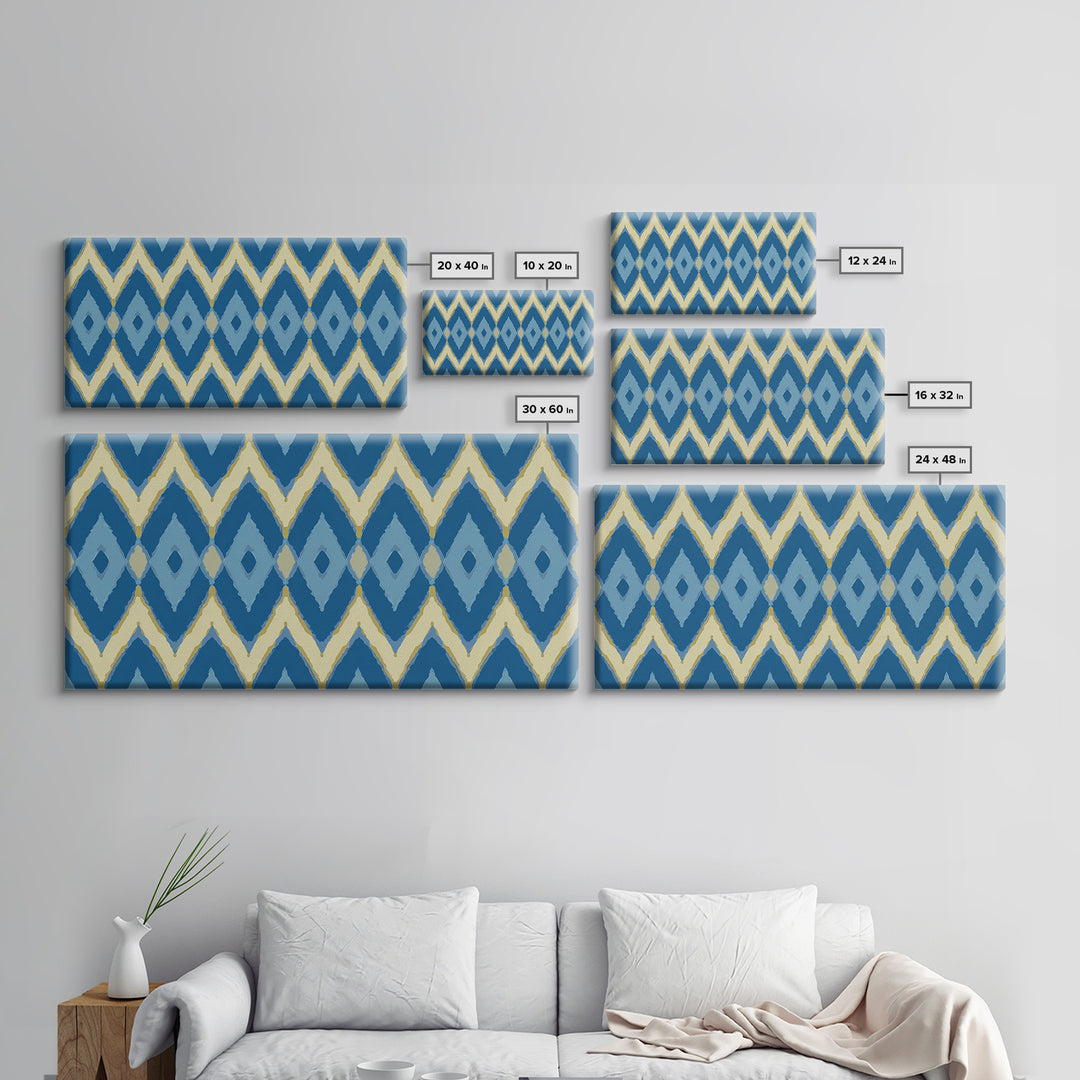 Blue Gold Ikat Chevron Diamond Wall Art, Scandinavian Modern Geometric Print, Mid Century Decor For Bedroom Living Room Home