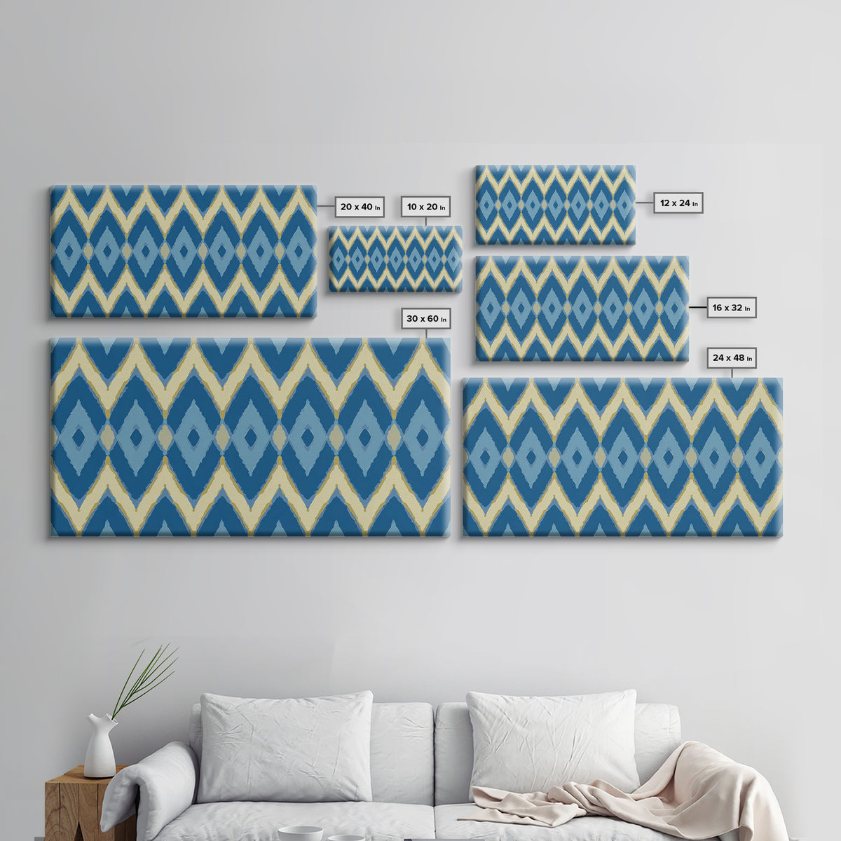 Blue Gold Ikat Chevron Diamond Wall Art, Scandinavian Modern Geometric Print, Mid Century Decor For Bedroom Living Room Home