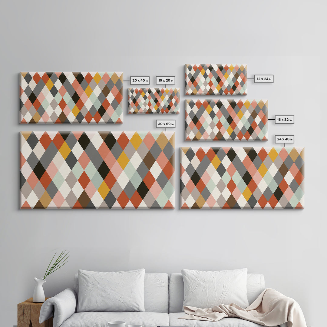 Pastel Orange Gray Harlequin Diamond Wall Art, Mid Century Modern Abstract Print, Geometric MCM Decor For Living Room Office
