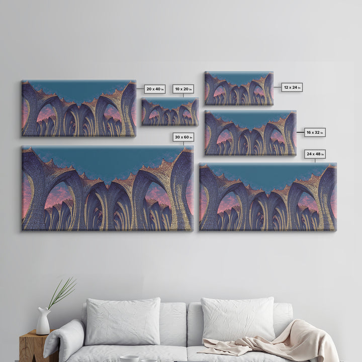 Gothic Blue Arches At Dusk Wall Art, Architectural Art Print, Midcentury Modern Decor, Abstract Wall Decor, Large Canvas