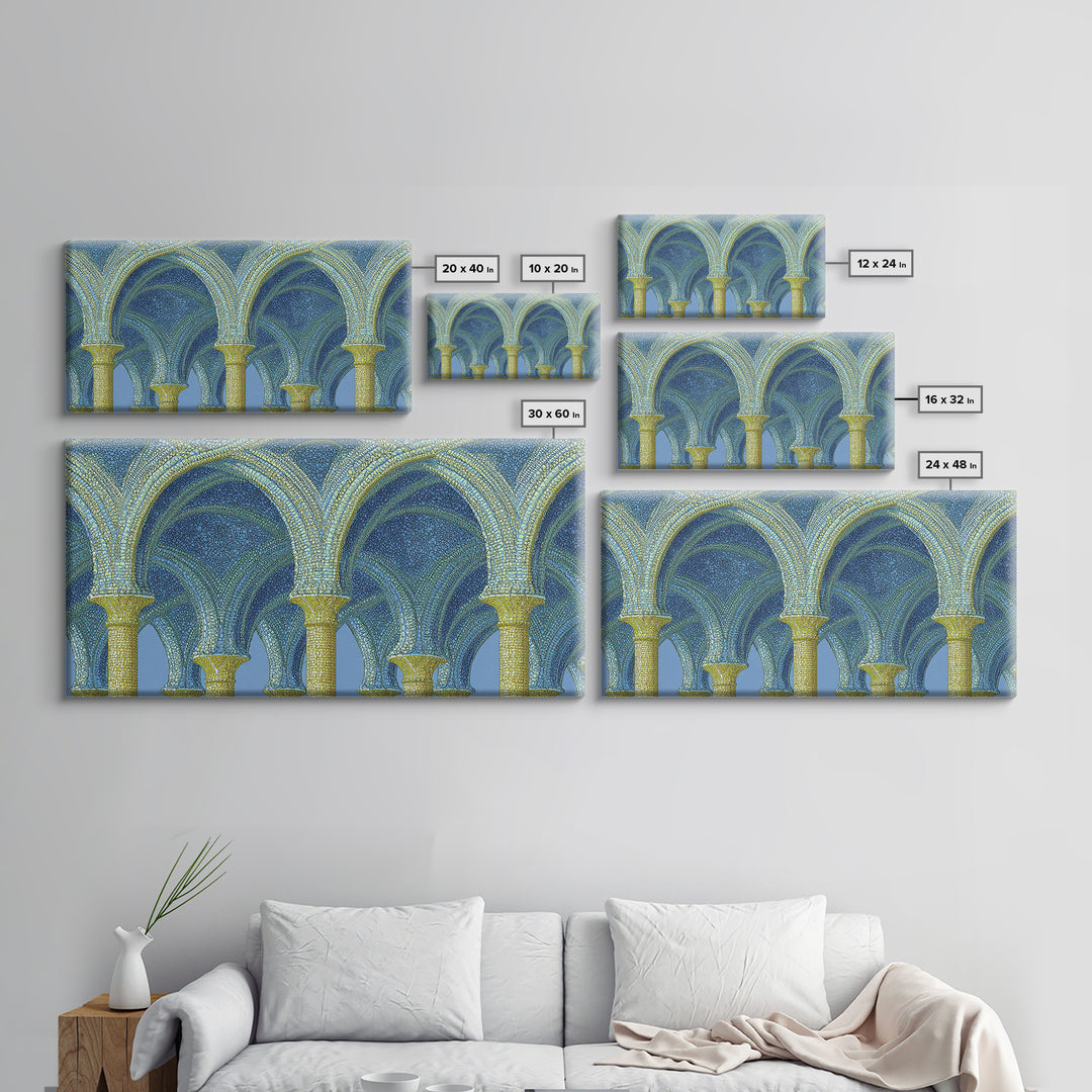 Blue Gold Mosaic Vaulted Arches Framed Canvas Print, Architectural Art, Modern Wall Decor, Midcentury Abstract Art, Blue Art Print