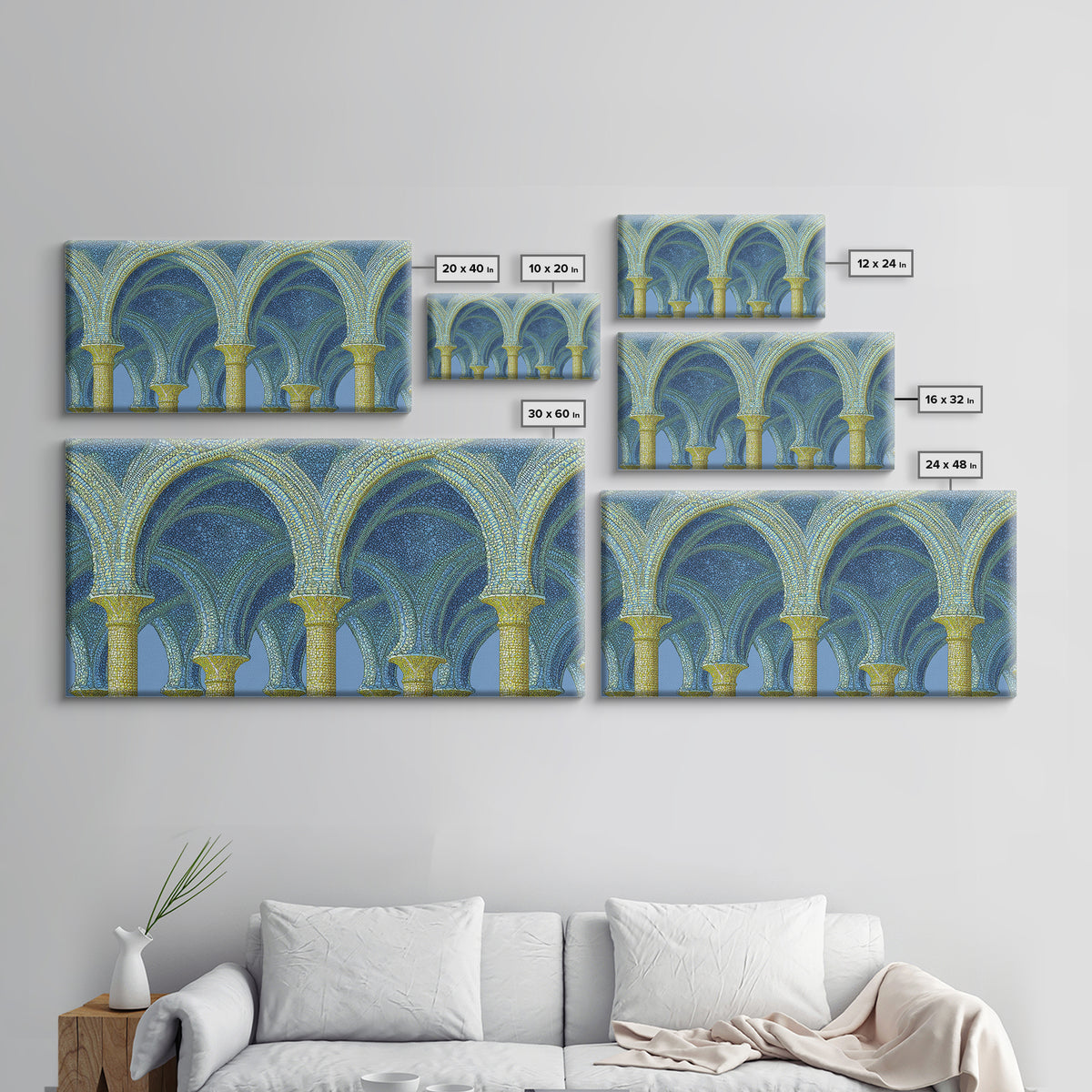 Blue Gold Mosaic Vaulted Arches Framed Canvas Print, Architectural Art, Modern Wall Decor, Midcentury Abstract Art, Blue Art Print