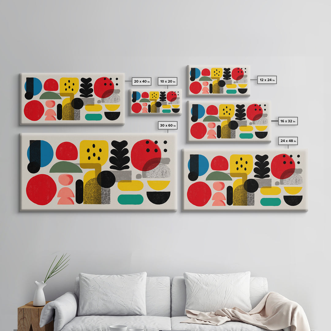 Playful Bauhaus Shapes And Plant Canvas Print, Midcentury Modern Wall Art, Colorful Abstract Decor, Modern Art Print, Home Office Art